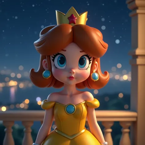 Realistic Princess Daisy from Mario, with brown hair and wearing a yellow baby doll dress with shoulder strings, stands on a balcony at night with anxious expressions, as if shes waiting for someone. The background features a starry sky and the soft glow o...