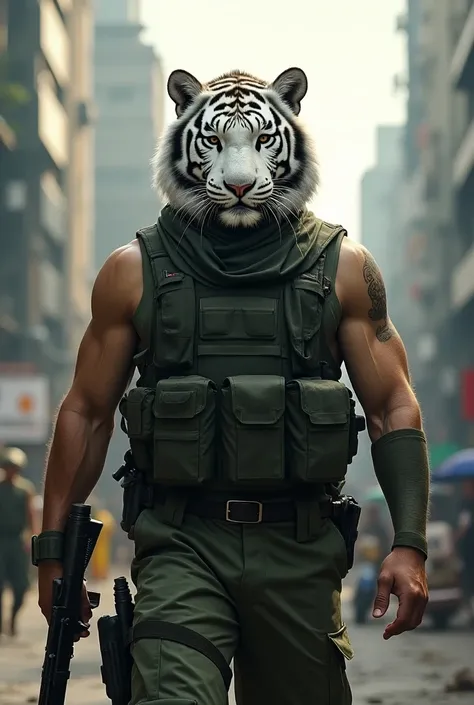 INDIAN SOLDIER 
FACE IS WHITE ROYAL BENGAL TIGER
BODY OF A MUSCULAR HUMAN
WITH WEAPON GUN IN HAND
BACKGROUND INDIAN SMART CITY
Realistic 