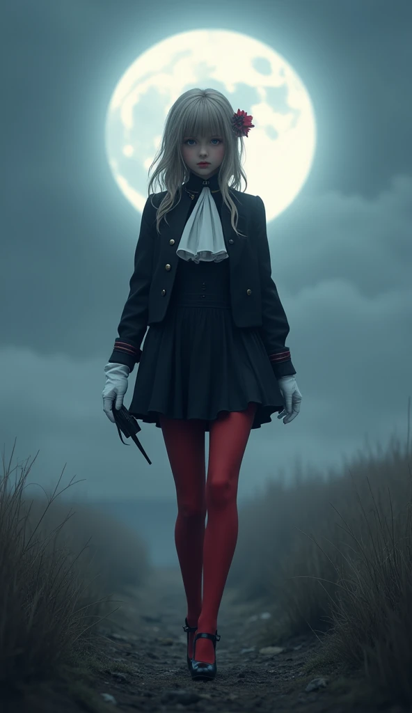  Eddelgarts photo_academy, hair accessories, black jacket,  black dress , Ascot, red pantyhose, white gloves, High heel, Walking on the battlefield , moonlight, full moon, young, teenager, (slim), Small , slim, 1 female, ((([3d, video games))),masterpiece,...