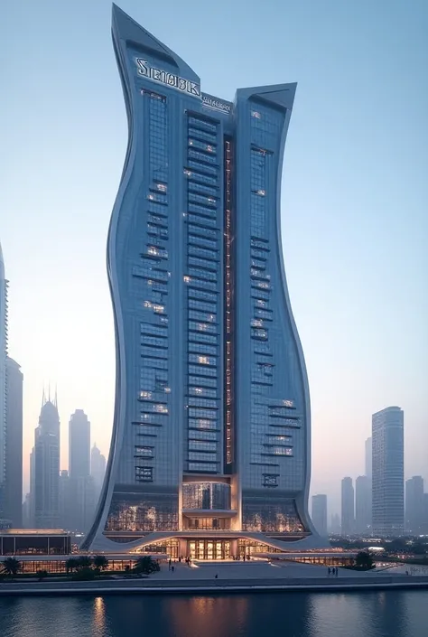 Generate a futuristic big hotel building DUBAI style with the logo SIMBAR CITY