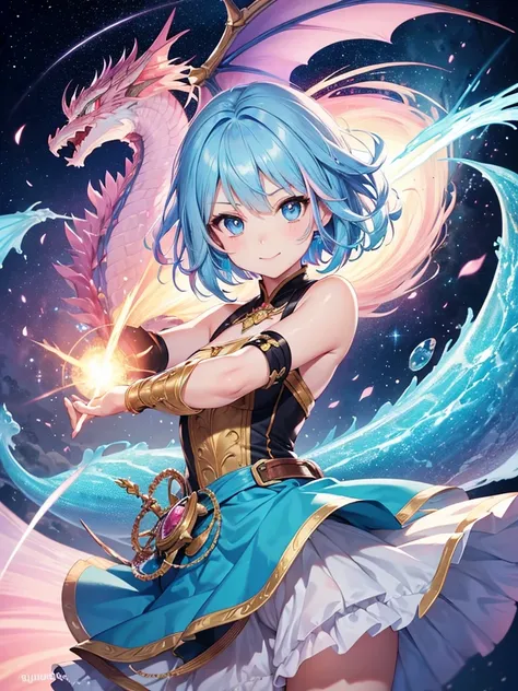 masterpiece, best quality, A fantasy dragon tamer world art, Yoshitaka Amano, dragon, top bra warrior costume, fire-breathing dragons, Fight, fantasy view, Dynamic angles, (solo:1.6), BREAK, (ultra cute kawaii:1.3), 1 girl, happy smile, (light blue eyes:1....