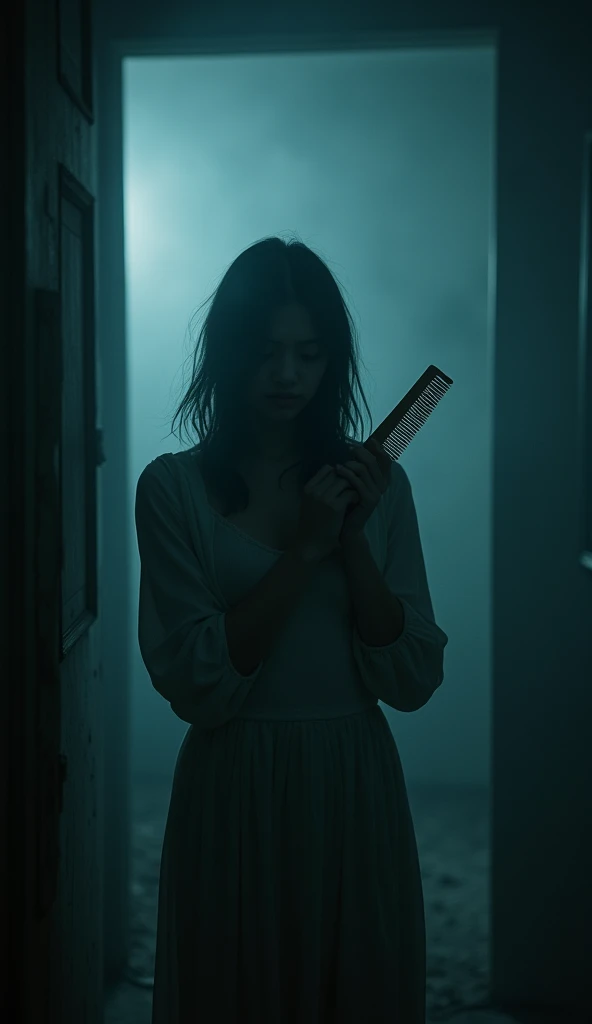 A young woman in her 20s, holding an ivory comb, her face filled with fear and terror, stands in a dark, gloomy old room. The scene was shot at night, the surrounding scene was shrouded in darkness, adding to the feeling of isolation and fear. The mood is ...