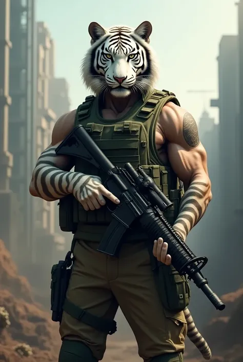 INDIAN SOLDIER 
FACE IS WHITE ROYAL BENGAL TIGER
BODY OF A MUSCULAR HUMAN
WITH WEAPON GUN IN HAND
BACKGROUND INDIAN SMART CITY
Realistic 