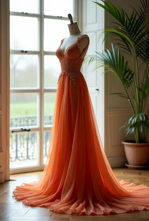 A beautiful long dress on stand near window 