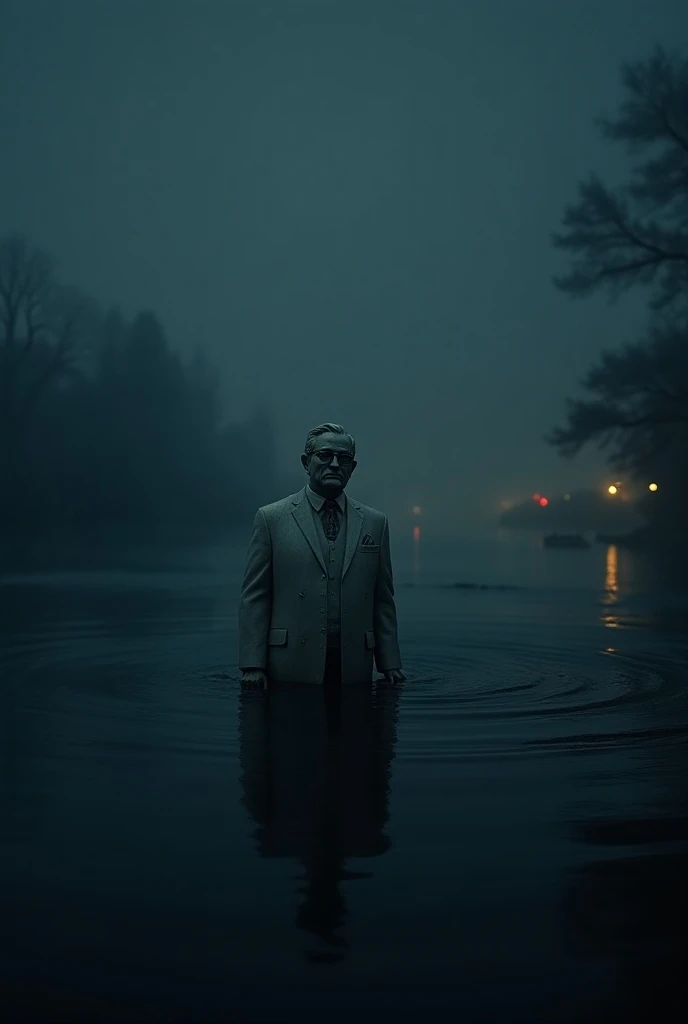 A dark, eerie scene at the edge of a river at night. A statue of Colonel Sanders lies partially submerged in the water, casting ominous reflections. The atmosphere is heavy, with mist rising from the water and faint city lights in the distance."