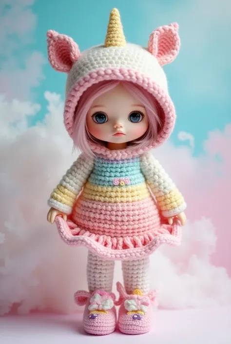 Create a beautiful crocheted doll with clothing that wears a dress, stockings, hat, t-shirt, shoes based on the colors of the unicorn. 
