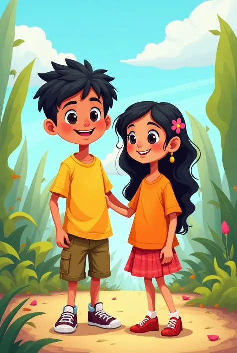 Cartoon image of a boy wearing a Zafran shirt and a girl wearing a Zafira shirt 4k