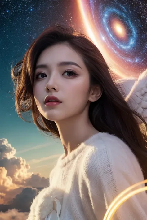  Movie Stills 、Fashion Photography、 digital art、 ray tracing 、3D Surrealism 。 Breathtakingly Beautiful Young Female Angel in Angel Punk Outfit 、 Relax in Fluffy Clouds 、 Golden Stars and Small Fluffy Clouds Floating in the Center of a Swirling Spiral Galax...