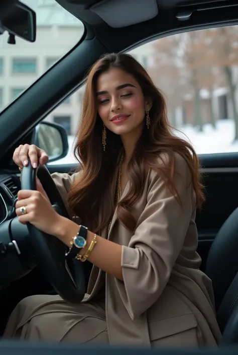 One Pakistani smart Girls realistic big chest and Pakistani fashion winter luxury dress covering the whole body overcoat ,Sitting in a BMW luxury car, A luxury watch is worn on the wrist ,long brown hair ,Dupatta over the head.perfect hijab, big smile,Stoo...