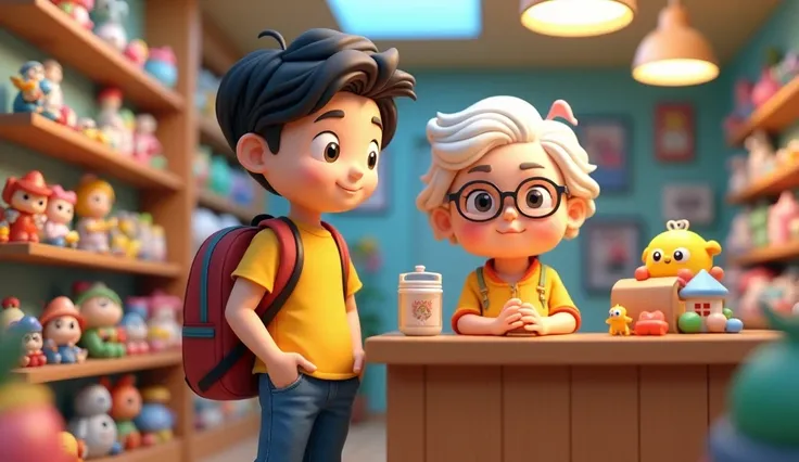 1 black haired male student wearing yellow t-shirt, jeans and backpack, 1 old lady sitting at the checkout counter in a 3D Chibi style toy store