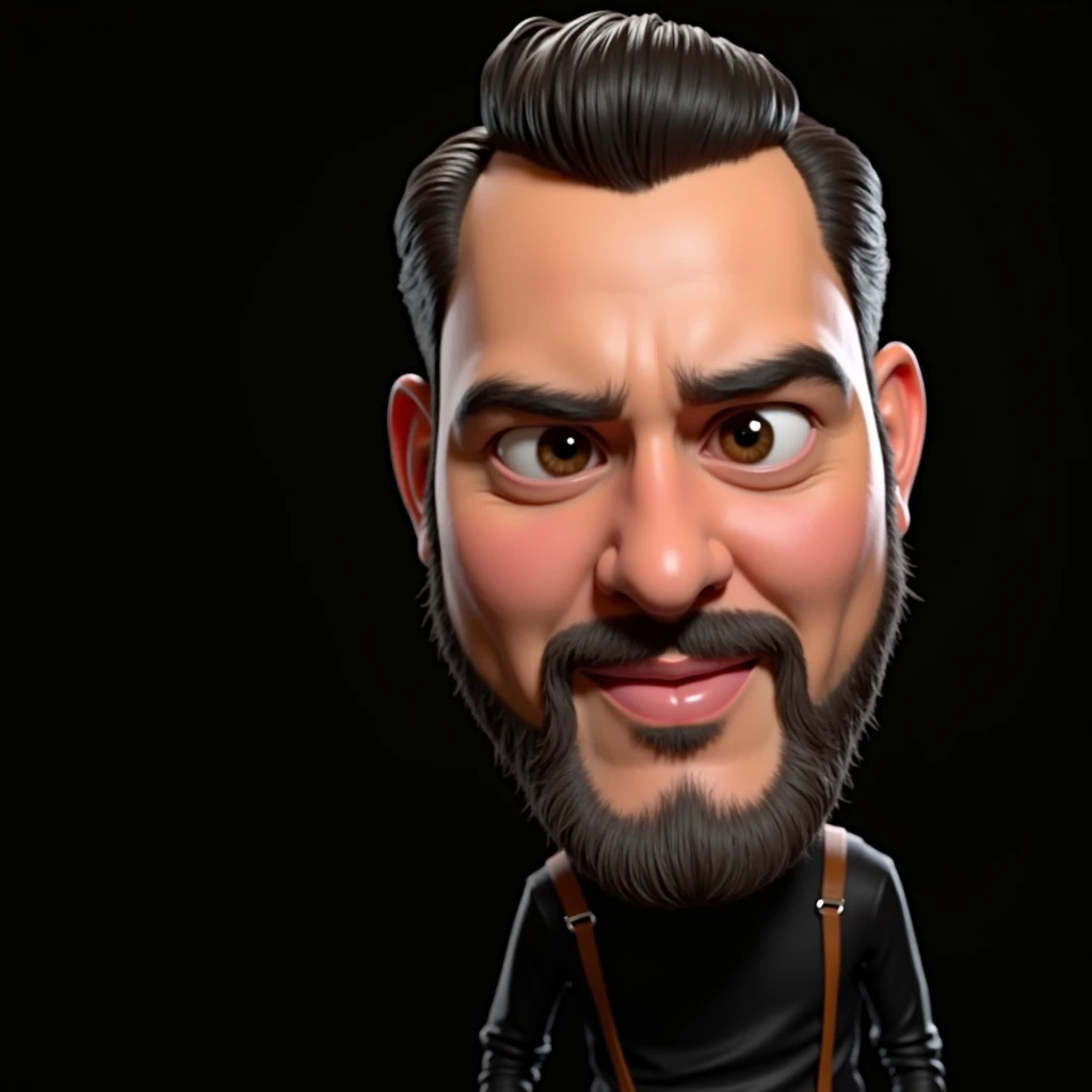 Create a realistic caricature, Carlos, young man, {{slim body}}, round face, ojos grandis, classic bouffant haircut, black color, small beard, He is wearing a black long-sleeved shirt, pantalonis negros, tirantis marronis y zapatos de vistir. is {{standing...