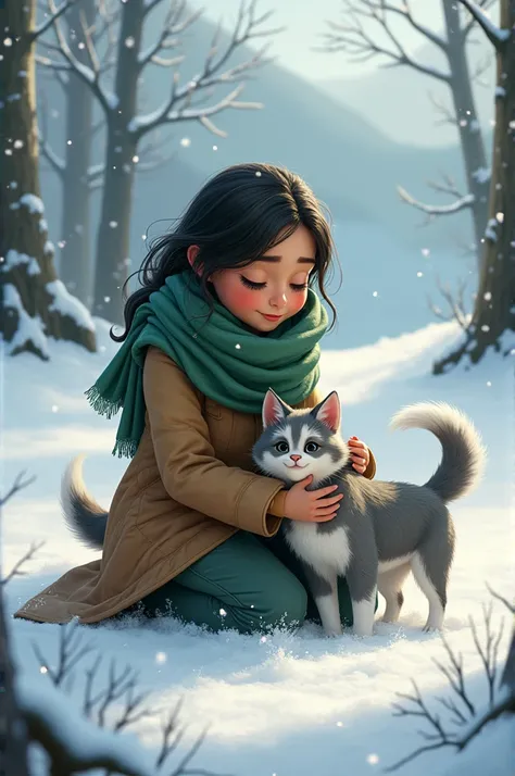 .
Scene 4: Meera Finds the Kitten in the Snow

Prompt: Meera is kneeling in the snow, holding a small, shivering kitten. The kitten has grey and white fur, and its eyes are half-closed, showing how cold it is. Meera wraps the kitten in her green scarf, wit...