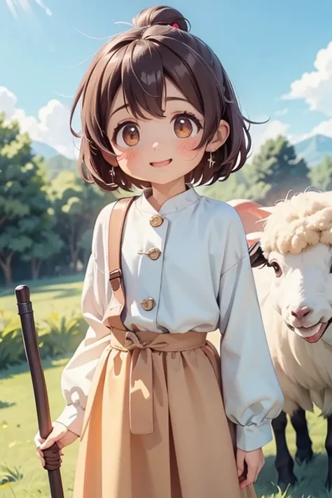  shiny brown hair,  short hair, ( beautiful brown eyes 、  Sparkling Eyes, fine grain)、smile、  Super Detailed Eyes  、 very detailed な顔,  very detailed な目, ((Bright colors))、Anime、デジタルAnimeアート、Flat Design,(masterpiece:1.2)、 High image quality 、 High Resoluti...