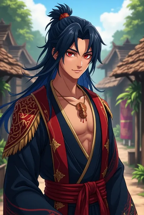 Man, ilustration/anime, dark blue hair, red eye, indonesia traditional costume, background village, tan skin, handsome, long hair, without beard and mustache, smile