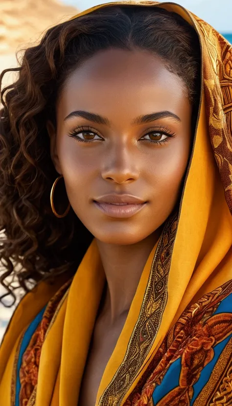 Imagine Cabo Verde as a strikingly beautiful woman with deep, warm brown skin that reflects the island sun, evoking the golden hues of a tropical paradise. Her eyes are large and almond-shaped, a deep, shimmering brown that captures the vastness of the Atl...