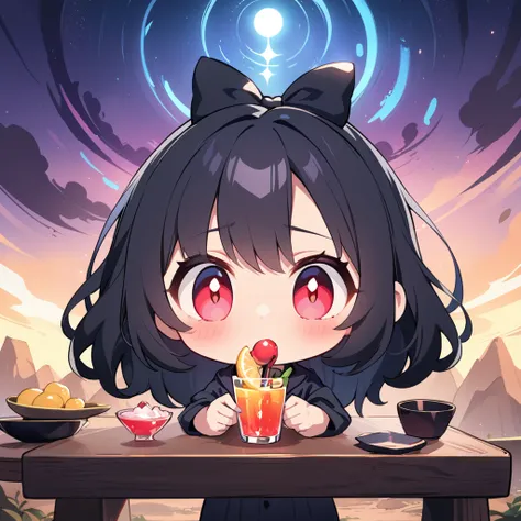 (2.5D),oil,Alone, 1 man(2.5D,Chibi,cute,Cute,small ,(黒 hair:1.4),length,hair,Big Eyes,Skin color is white,big black hairbow,Thinking about something ), break ,background(internal,(Gothic Bar ),at counter,(cute beautiful (colorful:1.4)  Cocktails on the Tab...