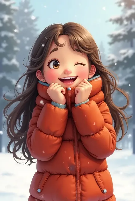  Animated cute girl with long wavy hair wearing a good-looking down jacket covering her mouth in the snow laughing