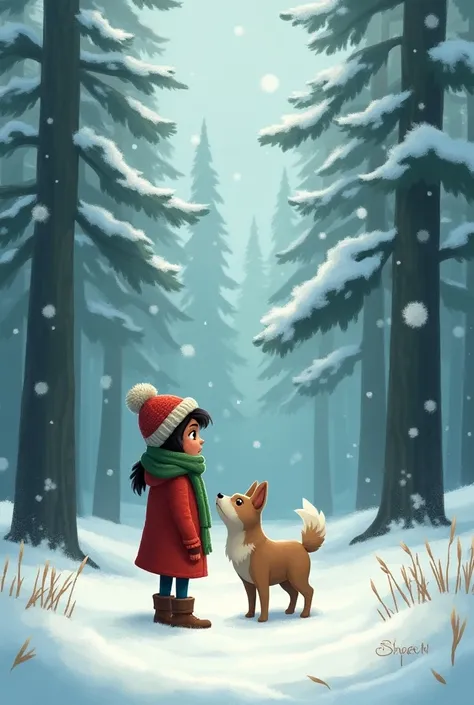 Scene 3: Meera and Simbha Near the Forest

Prompt: Meera and Simbha are near the edge of a pine forest. Meera is curiously looking towards the forest, hearing a faint cry. The forest has tall pine trees covered in snow. Meera is wearing her red sweater, gr...