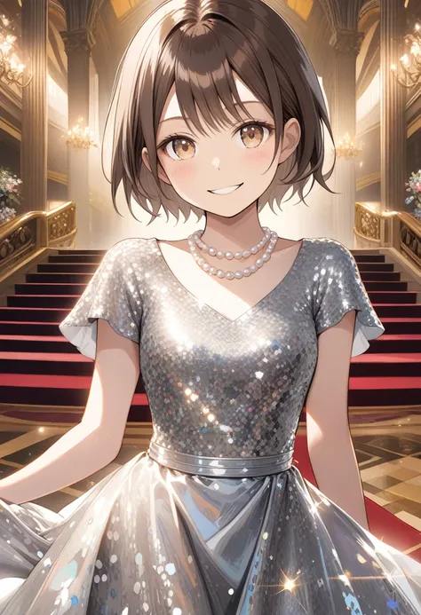  shiny brown hair,  short hair, ( beautiful brown eyes 、  Sparkling Eyes, fine grain)、smile、  Super Detailed Eyes  、 highly detailed face,  Highly detailed eyes , 1 female, short hair, (Silver sequin dress:1.2), (smile:1.2),  pearl necklace , Standing on t...