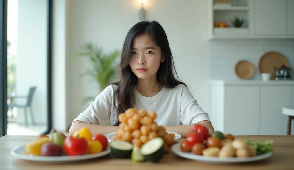 Its a photo of a black Thai
A  girl, sitting in front of her, sad, food is laid out full of the table, but does not give up. 
Living in a beautiful, clean, modern white house