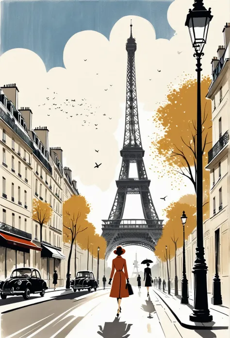 an elegant minimalist illustration of a young woman walking down a classic parisian street in the 1960s. she wears a chic and ti...