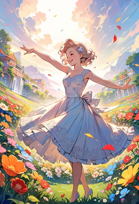 masterpiece (intricate:1.5) 50s art girl, smile,dress,dynamic pose,cheerful,flowers landscape