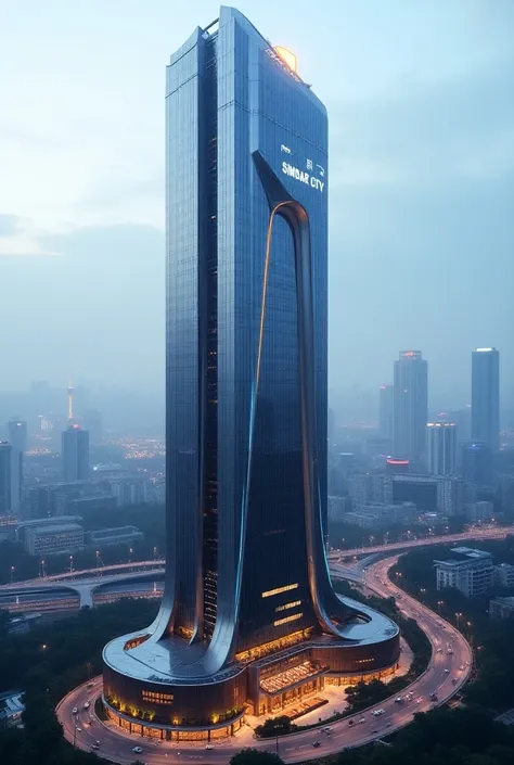 Generate a futuristic big hotel building Shanghai City China style with the logo SIMBAR CITY