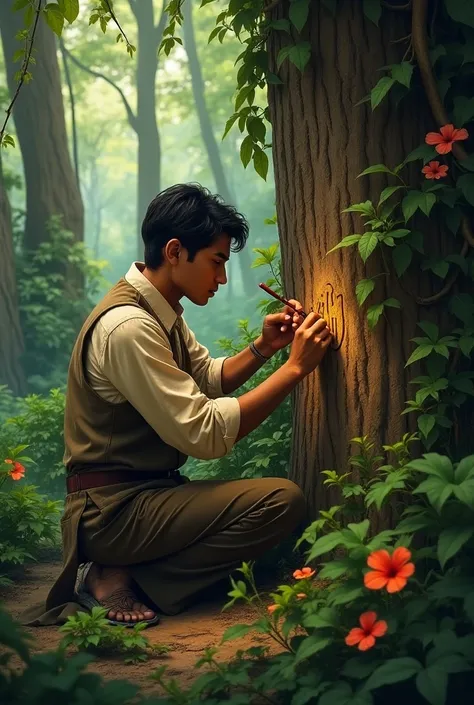 An afghan young man is writing hes wife name in the jungle by wood and flowers and hes wife name is Raihan 