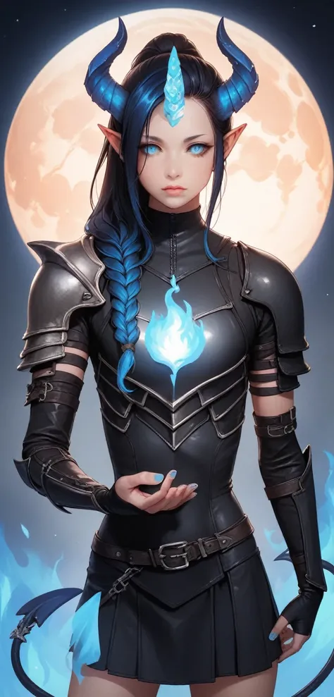 one femboy, standing, holding fireball in hand, blue fire, demonic horn on head, blue hair, horn on right side, dark hair on tips blue, tips of hair burning a little, blue fire in hand, blue fire on tips of hair, demonic tail, feminine body, black clothes,...