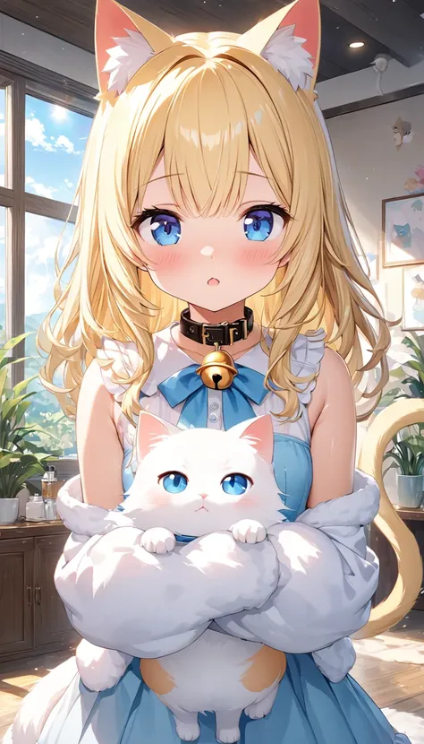 cute魅力的な少女、 ((( super high definition、 ultra-fine、 super high image quality 、Highest Settings、８k、)))、Small breasts、cute、４k、 cosplay、((Cat耳カチューシャ、Tail、Bell on collar、))、(((Catのポーズ、)))、(CG Art)、A bright, sunny room、Modern Room、Focus、 Shiny Beautiful Blonde 、...