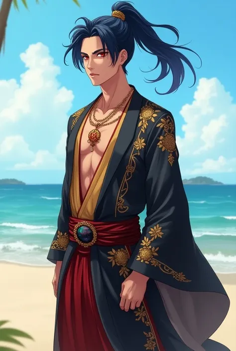 Man, ilustration/anime, dark blue hair, ponytail hairstyle, red eye, javanese traditional costume, background beach, tan skin, handsome, long hair, without beard and mustache