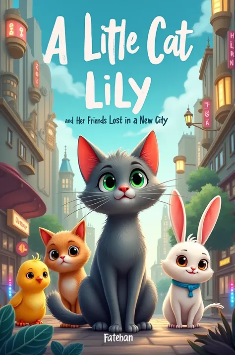 Front Cover Image Prompt:
"A colorful cover illustration featuring Lily, a small, fluffy gray cat with big green eyes and a playful expression, standing in front of a bustling cityscape filled with tall buildings, bright lights, and friendly animals. Surro...