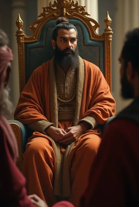  The king, now with a serious expression, sits back on his throne, reflecting on the pandit’s advice. His face shows understanding and humility. The courtiers also appear thoughtful, absorbing the importance of knowledge over wealth.