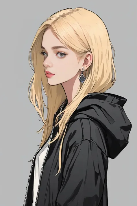 Strong line drawing illustration, strong hand drawn, animated drawing, girl, 1girl, solo, accessories, blonde hair, earrings, long hair, jacket, hood, hood down, simple background, black jacket, upper body, gray background, low contrast, chromatic aberrati...