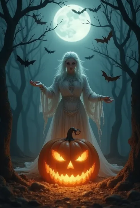 woman, albino, witch, pumpkin, night, bats