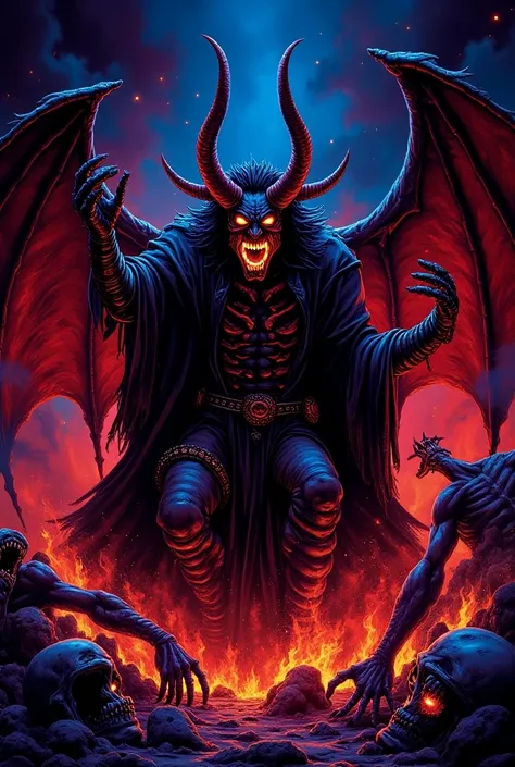 Make me a black light poster, with satan in hell , laughing evilly, with long horns , put the word of BLACKLIGHT at the bottom and put the words The Devil at the top and make it a 