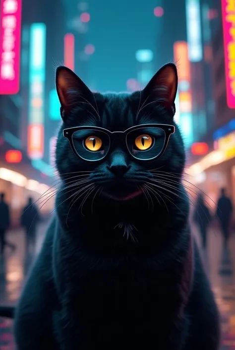 A fat American shorthair cat wearing black-rimmed glasses　A defiant look　Im hiding in the dark and looking down at me　Golden Eyes　The background is a bright cyberpunk cityscape