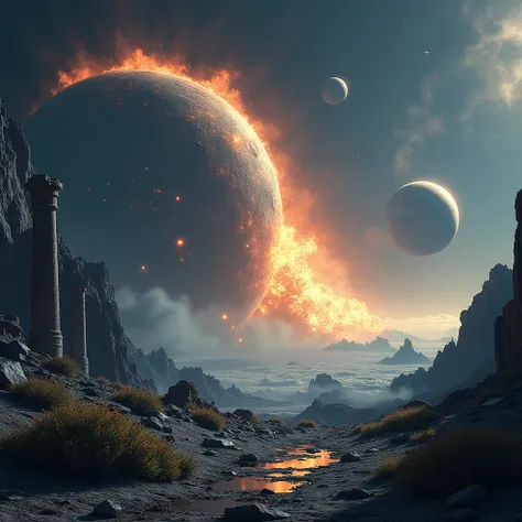 Futuristic scene depicting the catastrophic collision of two planets, one of them in ruins, seen from the vantage point of a shattered moon. The destroyed planet, fragmented and glowing with remnants of energy, emits bright flashes as it breaks apart. In t...