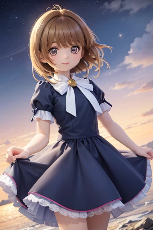  shiny brown hair,  short hair, ( beautiful brown eyes 、  Sparkling Eyes, fine grain)、smile、Super detailedな目、 highly detailed face,  Highly detailed eyes , ( best quality,4K,8k, High Resolution ,masterpiece:1.2),Super detailed, , Girl in a cute dress, 可愛らし...