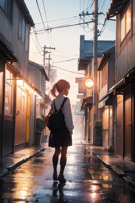 Against the background of the cityscape at dusk、 orange and pink Gradation spreads through the sky。 the person behind is walking alone 、The shadows extend for a long time 。 leaves swaying in the wind 、 the buildings can be seen vaguely in the distance 。 ha...