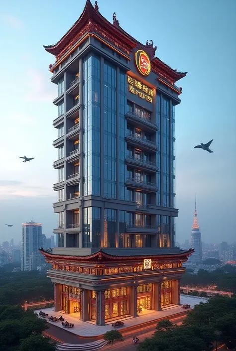 Generate a futuristic big hotel building China style with the logo SIMBAR CITY