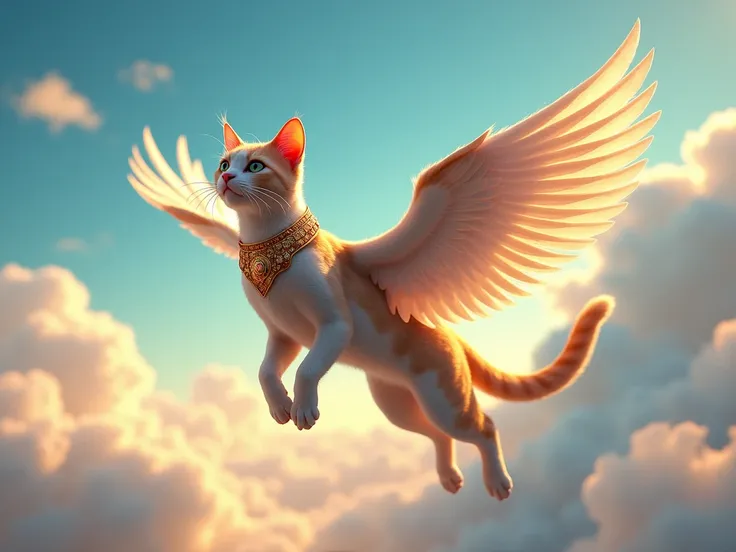 Create the image of a happy royal cat that has wings and is flying in the sky