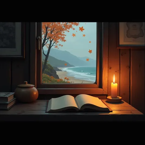  On the desk in the room where the candle in the retro hut is lit、The diary is open。 The beach can be seen from the window 。Fallen autumn leaves dance in the wind 。