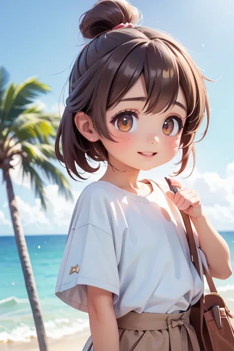  shiny brown hair,  short hair, ( beautiful brown eyes 、  Sparkling Eyes, fine grain)、smile、  Super Detailed Eyes  、 very detailed な顔,  very detailed な目, cowboy shots、 Sparkling sea and tropical ocean, White fluffy clouds floating in a clear sky, Palm tree...