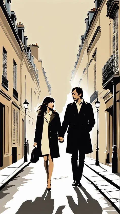 a minimalist illustration of a young couple from the late 1960s. serge gainsbourg and jane birkin are walking hand in hand throu...