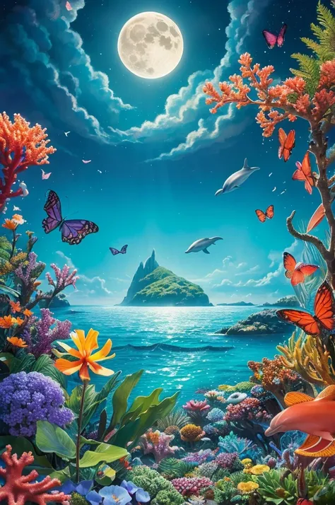 featuring the fantastical scene with a shimmering moonlit sky, a colorful coral-filled ocean, tropical flowers, butterflies, and a dolphin leaping toward the moon. I hope it captures the dreamy atmosphere you envisioned! Let me know if youd like any adjust...