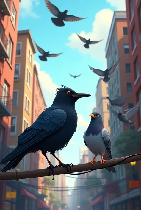 They discover shared passions (flying, exploring, storytelling). this story is about crow and pigeons 