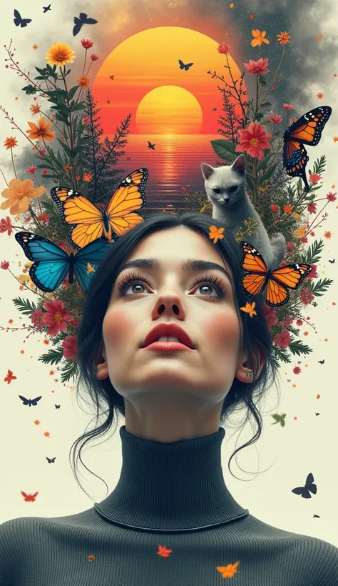 Text: "Collage Art"; DOUBLE EXPOSURE, MIXED WITH COLLAGE ARTWORK; poetic imagery, conceptual art, architecture; guaranteed to capture the essence of cosmic charm with a bold, modern twist. Choose a sleek, modern font for the text "Collage Art". A collage, ...