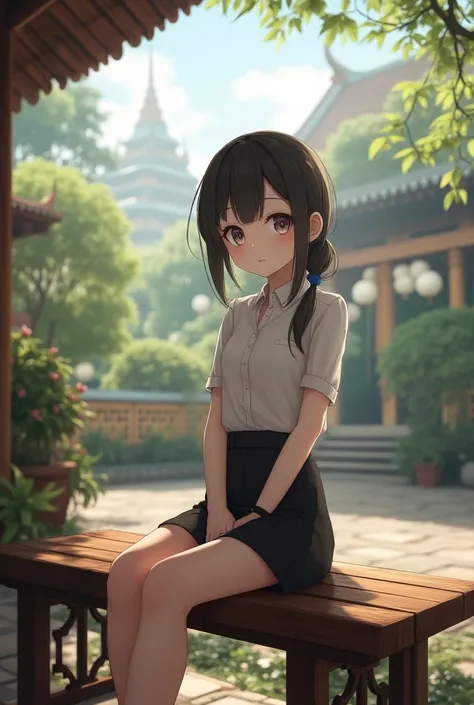 Anime girl with office skirt sitting on the bench, Myanmar background 