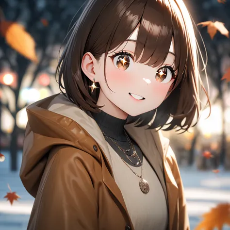  shiny brown hair,  short hair, ( beautiful brown eyes 、  Sparkling Eyes, fine grain)、smile、超 Detailsな目、非常に Detailsな顔, 非常に Detailsな目, cowboy shots、  High Resolution ,8k, best quality, Details,Semi-realistic anime,3Dアニメwind,Smooth anime CG for 1 person,20 y...